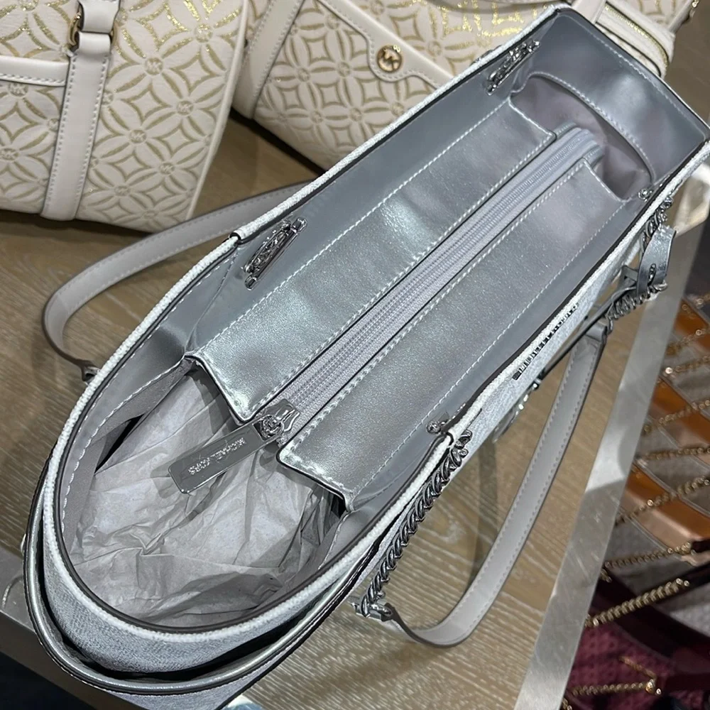 MICHAEL KORS  Jet Set Travel Large Signature Chain Shoulder Tote Bag Silver  NWT